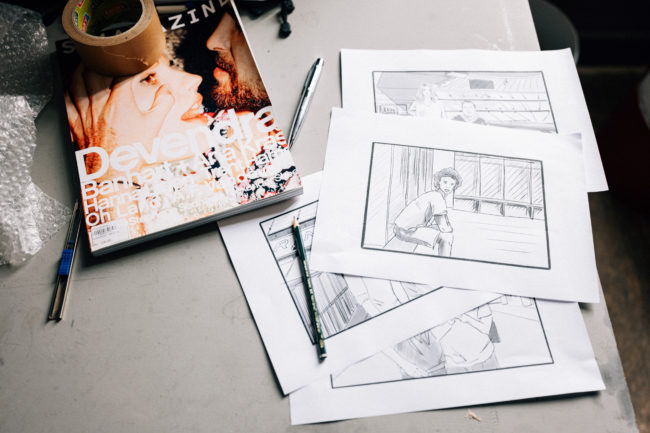 Creative team brainstorming video concept for a commercial shoot